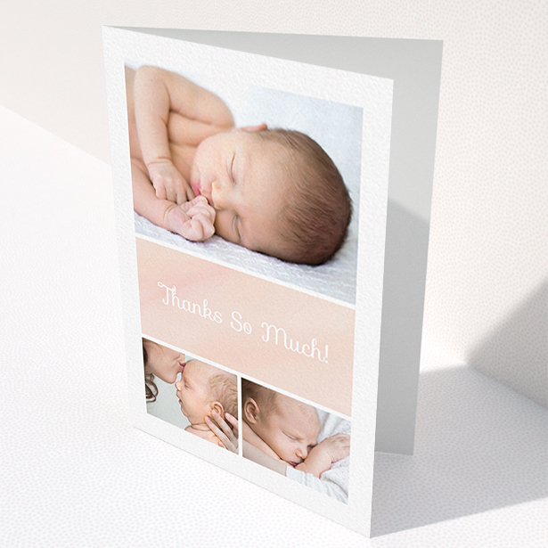 A new baby thank you card design named "Block Tower". It is an A6 card in a portrait orientation. It is a photographic new baby thank you card with room for 3 photos. "Block Tower" is available as a folded card, with tones of pink and white.