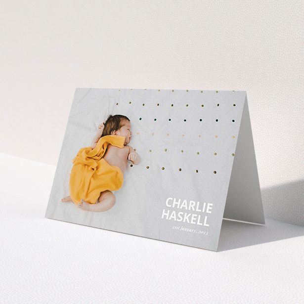 A new baby thank you card design called 'Bold Photo Corner'. It is an A6 card in a landscape orientation. It is a photographic new baby thank you card with room for 1 photo. 'Bold Photo Corner' is available as a folded card, with mainly white colouring.