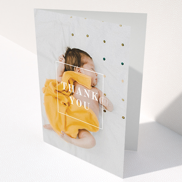A new baby thank you card design called "Central Thanks". It is an A6 card in a portrait orientation. It is a photographic new baby thank you card with room for 1 photo. "Central Thanks" is available as a folded card, with mainly white colouring.