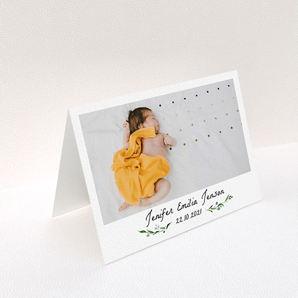 A new baby thank you card called "Classic Floral". It is an A6 card in a landscape orientation. It is a photographic new baby thank you card with room for 1 photo. "Classic Floral" is available as a folded card, with tones of black and white.