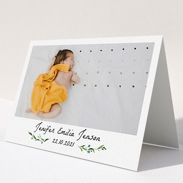 A new baby thank you card called "Classic Floral". It is an A6 card in a landscape orientation. It is a photographic new baby thank you card with room for 1 photo. "Classic Floral" is available as a folded card, with tones of black and white.