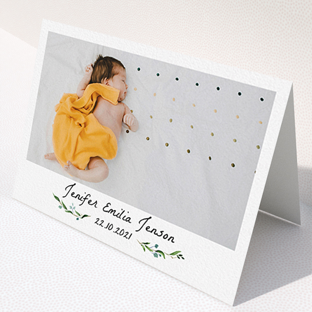 A new baby thank you card called "Classic Floral". It is an A6 card in a landscape orientation. It is a photographic new baby thank you card with room for 1 photo. "Classic Floral" is available as a folded card, with tones of black and white.