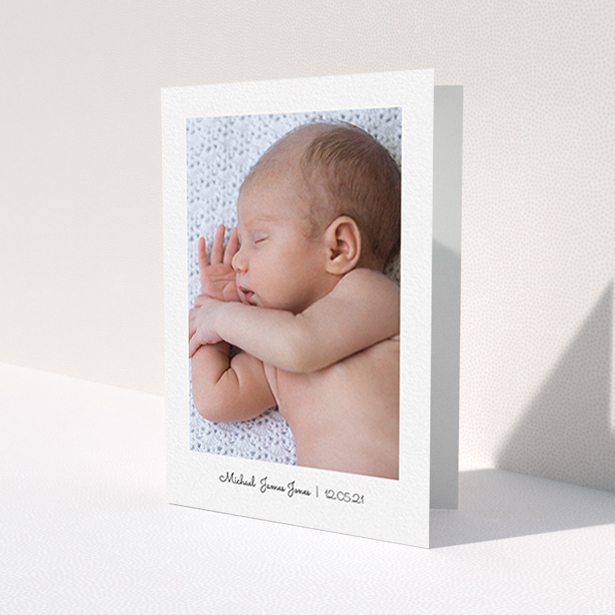 A new baby thank you card design named 'Classic Thank You with Photo'. It is an A6 card in a portrait orientation. It is a photographic new baby thank you card with room for 1 photo. 'Classic Thank You with Photo' is available as a folded card, with mainly white colouring.
