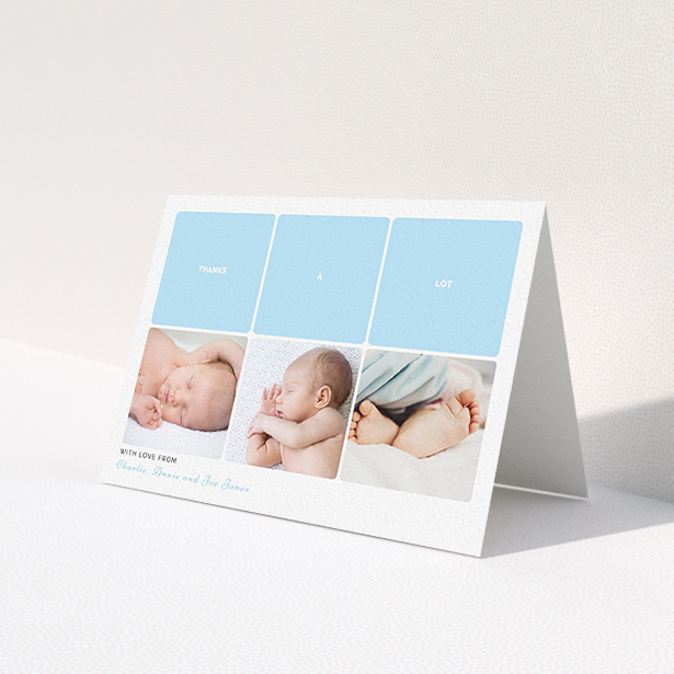 A new baby thank you card template titled 'Our Little One'. It is an A6 card in a landscape orientation. It is a photographic new baby thank you card with room for 3 photos. 'Our Little One' is available as a folded card, with tones of blue and white.