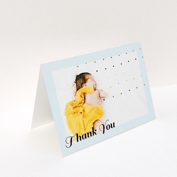 A new baby thank you card design named "Pastel Diagonals". It is an A5 card in a landscape orientation. It is a photographic new baby thank you card with room for 1 photo. "Pastel Diagonals" is available as a folded card, with mainly blue colouring.