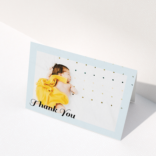 A new baby thank you card design named "Pastel Diagonals". It is an A5 card in a landscape orientation. It is a photographic new baby thank you card with room for 1 photo. "Pastel Diagonals" is available as a folded card, with mainly blue colouring.