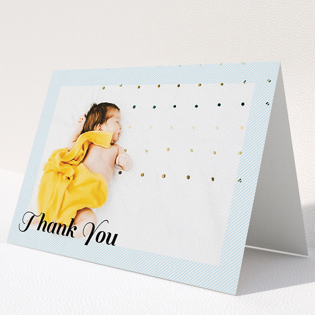 A new baby thank you card design named "Pastel Diagonals". It is an A5 card in a landscape orientation. It is a photographic new baby thank you card with room for 1 photo. "Pastel Diagonals" is available as a folded card, with mainly blue colouring.