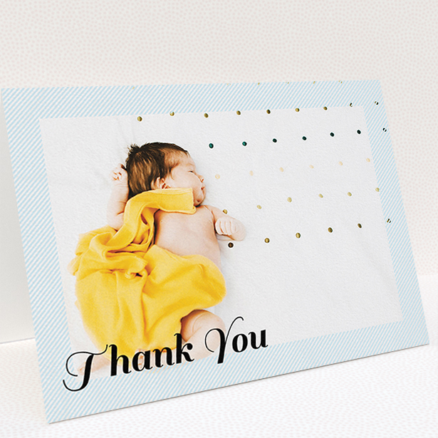 A new baby thank you card design named "Pastel Diagonals". It is an A5 card in a landscape orientation. It is a photographic new baby thank you card with room for 1 photo. "Pastel Diagonals" is available as a folded card, with mainly blue colouring.