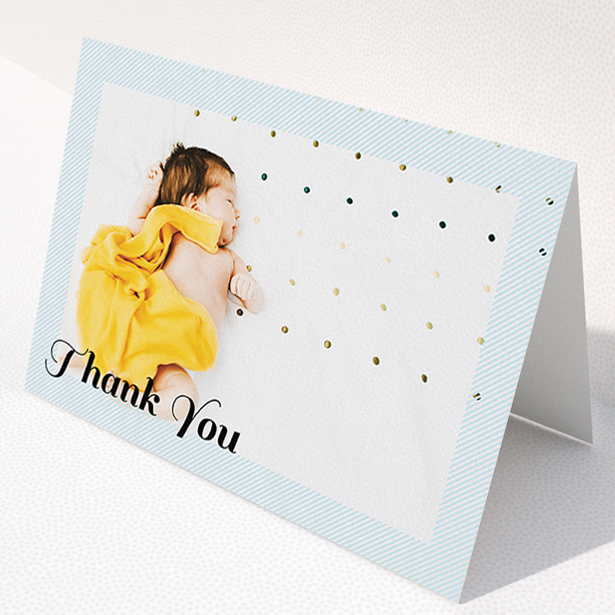 A new baby thank you card design named "Pastel Diagonals". It is an A5 card in a landscape orientation. It is a photographic new baby thank you card with room for 1 photo. "Pastel Diagonals" is available as a folded card, with mainly blue colouring.