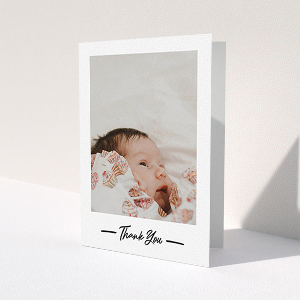 A new baby thank you card design called 'Portrait Thank You Photo'. It is an A6 card in a portrait orientation. It is a photographic new baby thank you card with room for 1 photo. 'Portrait Thank You Photo' is available as a folded card, with mainly white colouring.