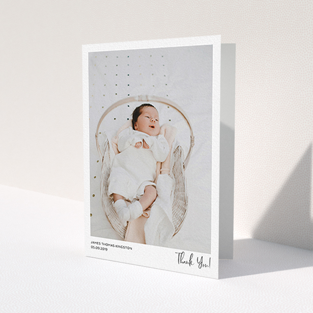 A new baby thank you card called 'Simple Wedding Thank You'. It is an A6 card in a portrait orientation. It is a photographic new baby thank you card with room for 1 photo. 'Simple Wedding Thank You' is available as a folded card, with mainly white colouring.