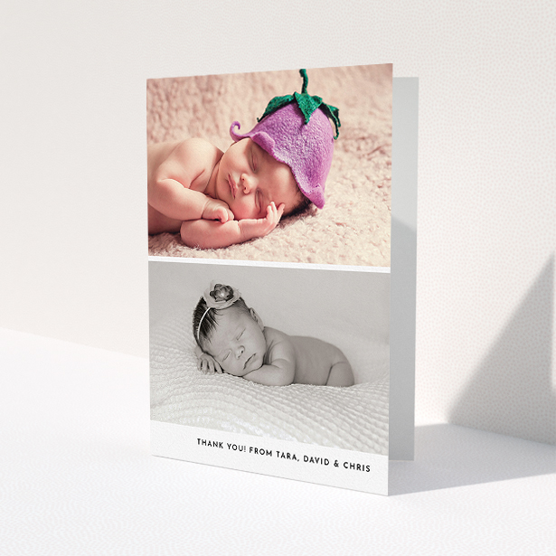 A new baby thank you card design called 'Stacked Landscapes'. It is an A5 card in a portrait orientation. It is a photographic new baby thank you card with room for 2 photos. 'Stacked Landscapes' is available as a folded card, with mainly white colouring.