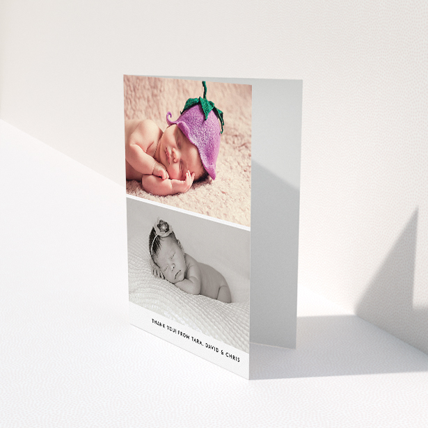 A new baby thank you card design called "Stacked Landscapes". It is an A5 card in a portrait orientation. It is a photographic new baby thank you card with room for 2 photos. "Stacked Landscapes" is available as a folded card, with mainly white colouring.