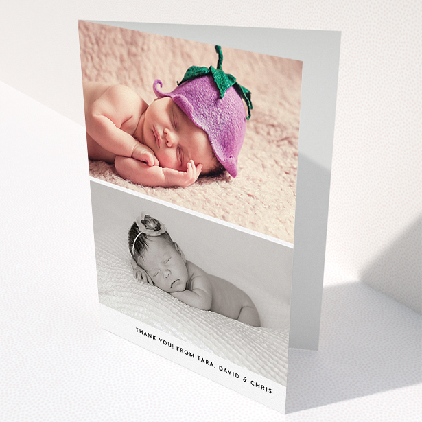 A new baby thank you card design called "Stacked Landscapes". It is an A5 card in a portrait orientation. It is a photographic new baby thank you card with room for 2 photos. "Stacked Landscapes" is available as a folded card, with mainly white colouring.