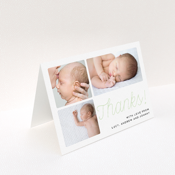 A new baby thank you card called "Thank You Cursive". It is an A5 card in a landscape orientation. It is a photographic new baby thank you card with room for 3 photos. "Thank You Cursive" is available as a folded card, with tones of white and green.