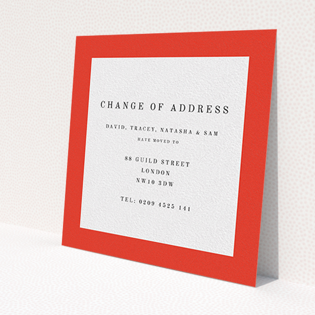 A new home card design titled 'Broader Border Impact'. It is a square (148mm x 148mm) card in a square orientation. 'Broader Border Impact' is available as a flat card, with tones of red and white.