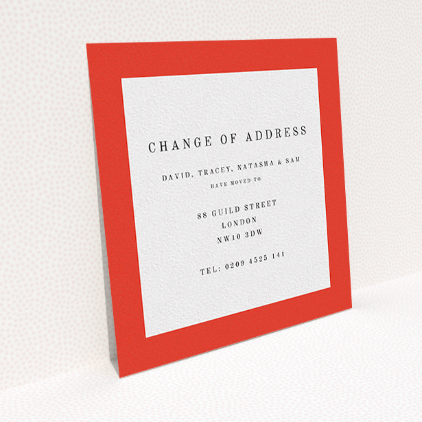 A new home card design titled "Broader Border Impact". It is a square (148mm x 148mm) card in a square orientation. "Broader Border Impact" is available as a flat card, with tones of red and white.