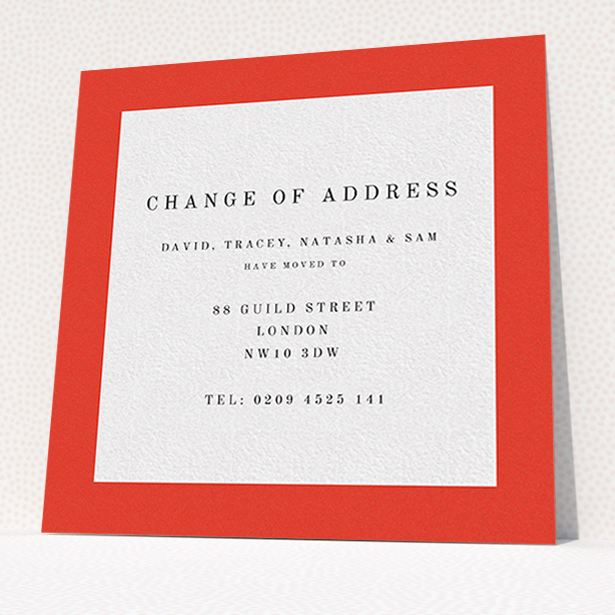 A new home card design titled "Broader Border Impact". It is a square (148mm x 148mm) card in a square orientation. "Broader Border Impact" is available as a flat card, with tones of red and white.