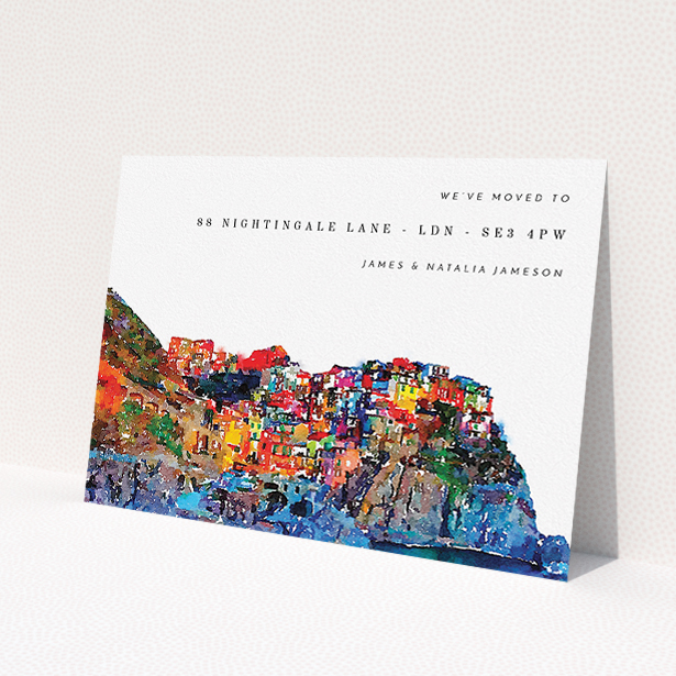 A new home card named 'Costa del colour'. It is an A5 card in a landscape orientation. 'Costa del colour' is available as a flat card, with tones of white and red.