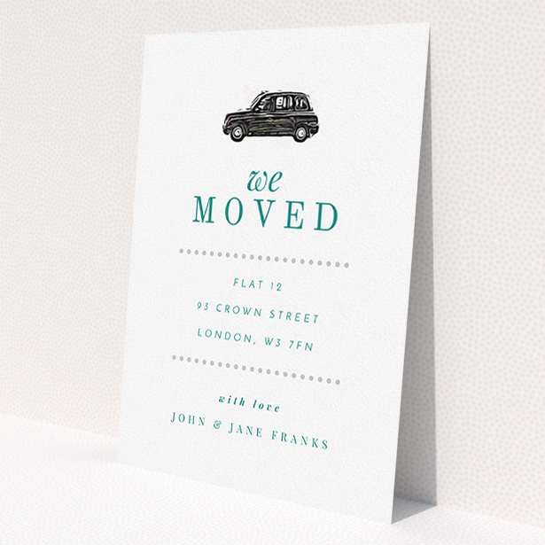 A new home card design titled "Grab-a-Cab". It is an A5 card in a portrait orientation. "Grab-a-Cab" is available as a flat card, with tones of white and green.