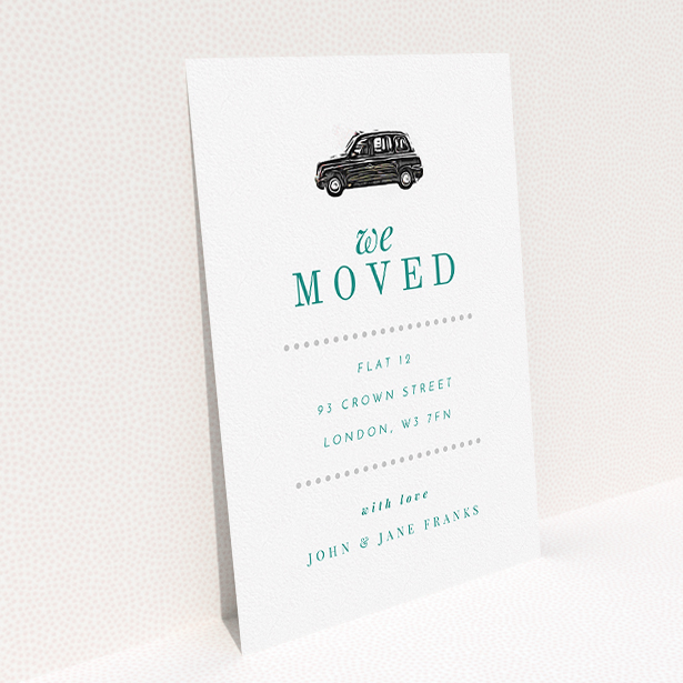 A new home card design titled "Grab-a-Cab". It is an A5 card in a portrait orientation. "Grab-a-Cab" is available as a flat card, with tones of white and green.
