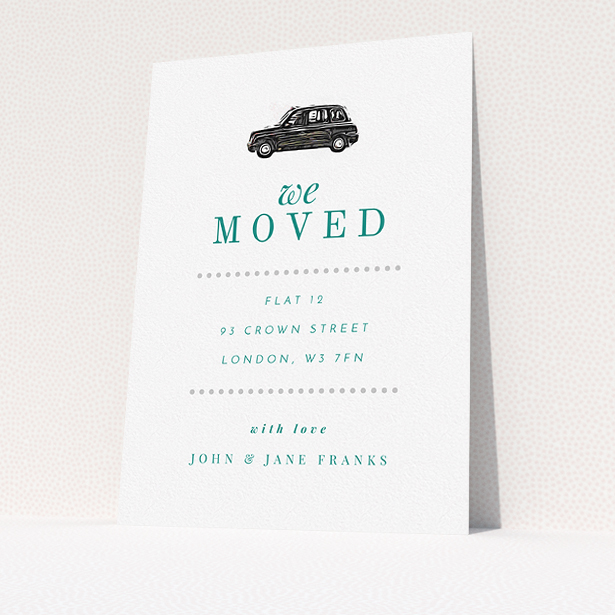 A new home card design titled "Grab-a-Cab". It is an A5 card in a portrait orientation. "Grab-a-Cab" is available as a flat card, with tones of white and green.