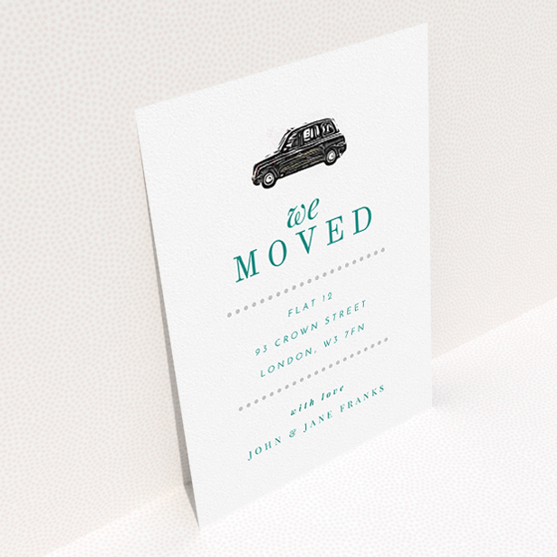 A new home card design titled "Grab-a-Cab". It is an A5 card in a portrait orientation. "Grab-a-Cab" is available as a flat card, with tones of white and green.