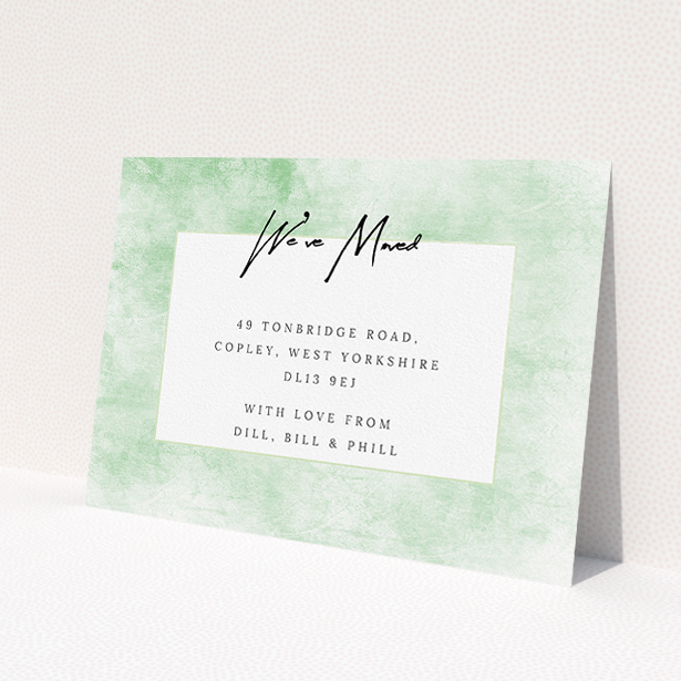 A new home card named 'Rustic Greens'. It is an A5 card in a landscape orientation. 'Rustic Greens' is available as a flat card, with tones of green and white.