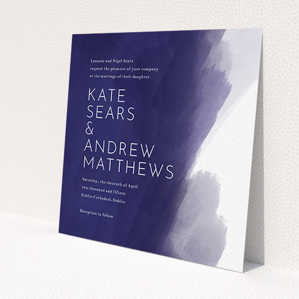 A personalised wedding invitation design named 'Blue and Cream'. It is a square (148mm x 148mm) invite in a square orientation. 'Blue and Cream' is available as a flat invite, with tones of blue and white.