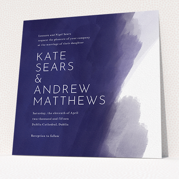 A personalised wedding invitation design named "Blue and Cream". It is a square (148mm x 148mm) invite in a square orientation. "Blue and Cream" is available as a flat invite, with tones of blue and white.