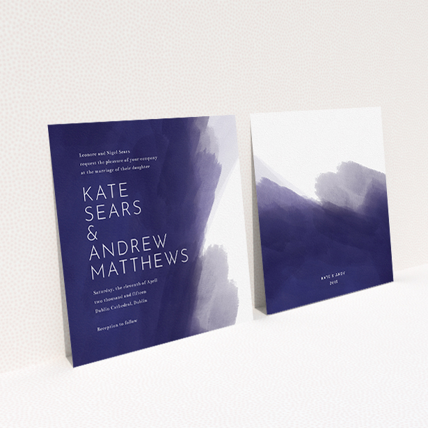 A personalised wedding invitation design named "Blue and Cream". It is a square (148mm x 148mm) invite in a square orientation. "Blue and Cream" is available as a flat invite, with tones of blue and white.