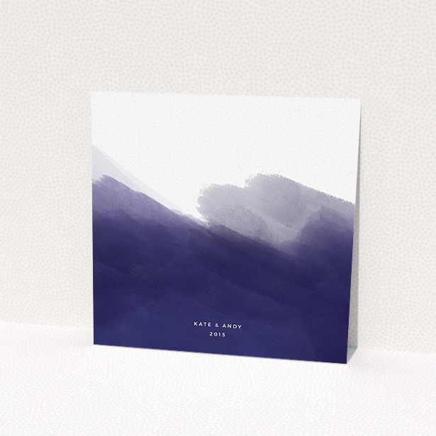 A personalised wedding invitation design named "Blue and Cream". It is a square (148mm x 148mm) invite in a square orientation. "Blue and Cream" is available as a flat invite, with tones of blue and white.