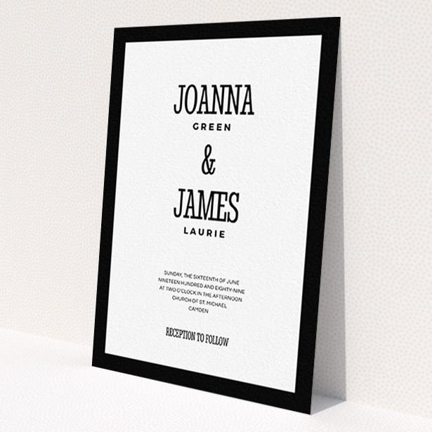 A personalised wedding invitation template titled 'Bold border'. It is an A6 invite in a portrait orientation. 'Bold border' is available as a flat invite, with tones of black and white.
