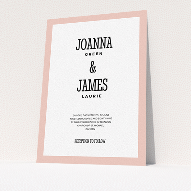 A personalised wedding invitation design named "Bold border". It is an A6 invite in a portrait orientation. "Bold border" is available as a flat invite, with tones of pink and white.