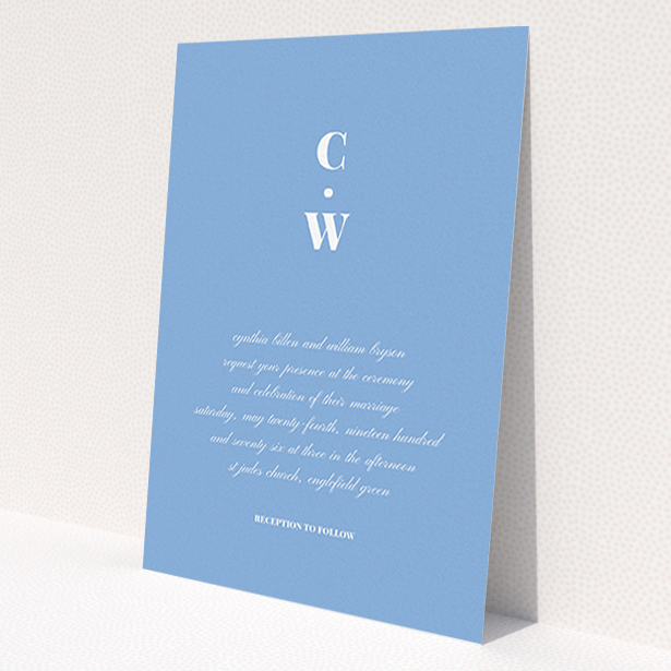 A personalised wedding invitation design named 'Bullet point'. It is an A6 invite in a portrait orientation. 'Bullet point' is available as a flat invite, with tones of blue and white.