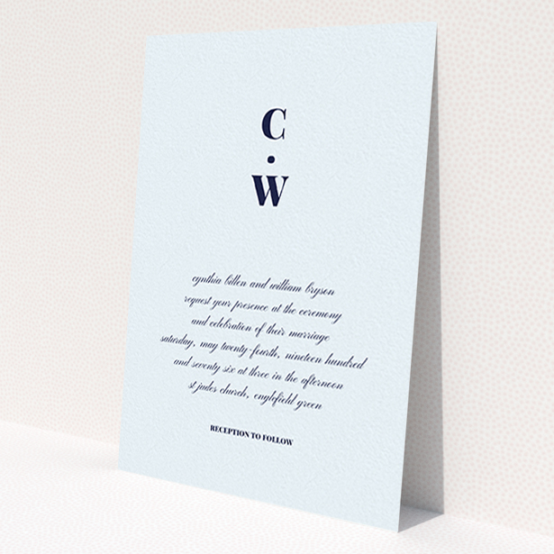 A personalised wedding invitation named 'Bullet point'. It is an A6 invite in a portrait orientation. 'Bullet point' is available as a flat invite, with mainly light blue colouring.