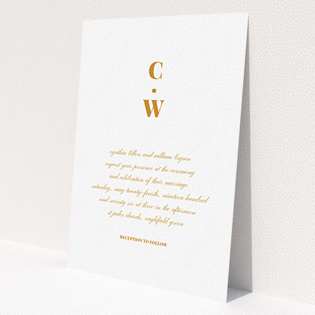 A personalised wedding invitation called 'Bullet point'. It is an A6 invite in a portrait orientation. 'Bullet point' is available as a flat invite, with tones of white and orange.