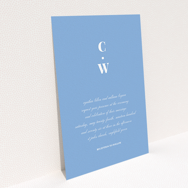 A personalised wedding invitation design named "Bullet point". It is an A6 invite in a portrait orientation. "Bullet point" is available as a flat invite, with tones of blue and white.