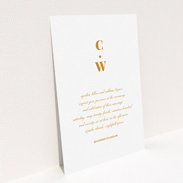 A personalised wedding invitation called "Bullet point". It is an A6 invite in a portrait orientation. "Bullet point" is available as a flat invite, with tones of white and orange.
