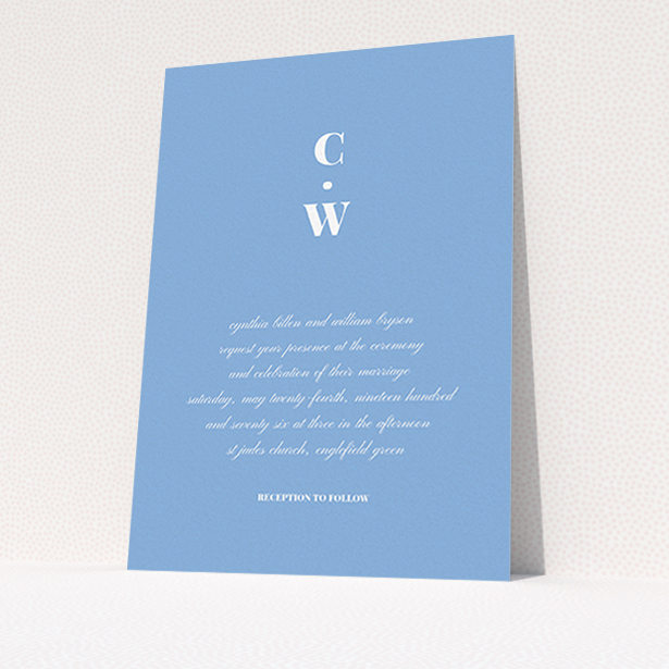 A personalised wedding invitation design named "Bullet point". It is an A6 invite in a portrait orientation. "Bullet point" is available as a flat invite, with tones of blue and white.
