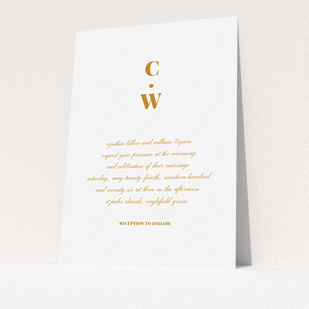 A personalised wedding invitation called "Bullet point". It is an A6 invite in a portrait orientation. "Bullet point" is available as a flat invite, with tones of white and orange.