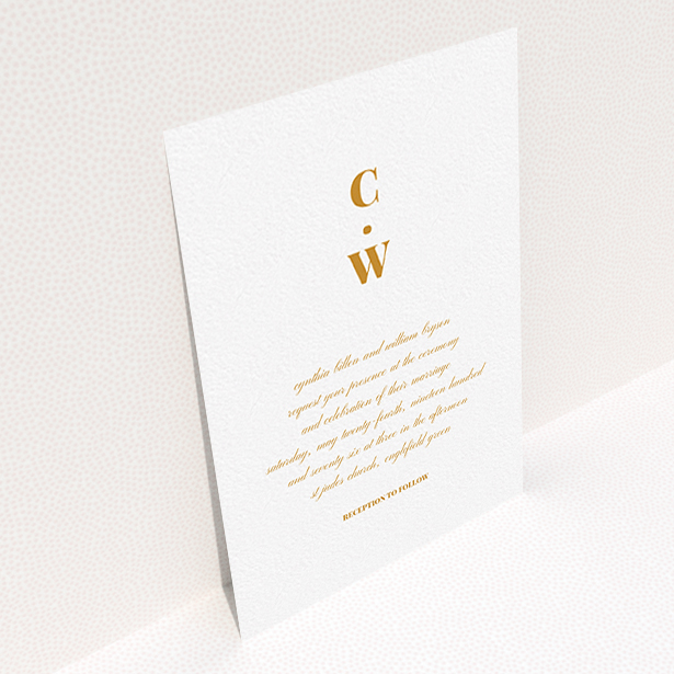 A personalised wedding invitation called "Bullet point". It is an A6 invite in a portrait orientation. "Bullet point" is available as a flat invite, with tones of white and orange.