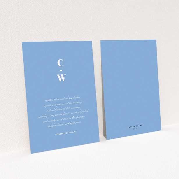 A personalised wedding invitation design named "Bullet point". It is an A6 invite in a portrait orientation. "Bullet point" is available as a flat invite, with tones of blue and white.