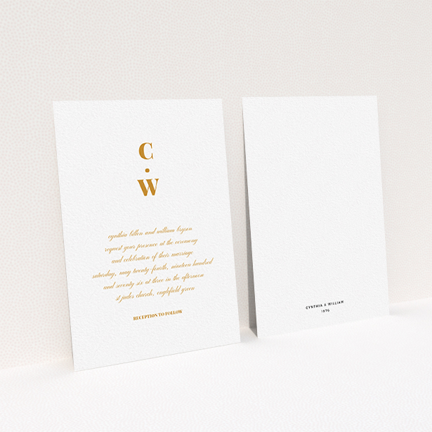 A personalised wedding invitation called "Bullet point". It is an A6 invite in a portrait orientation. "Bullet point" is available as a flat invite, with tones of white and orange.