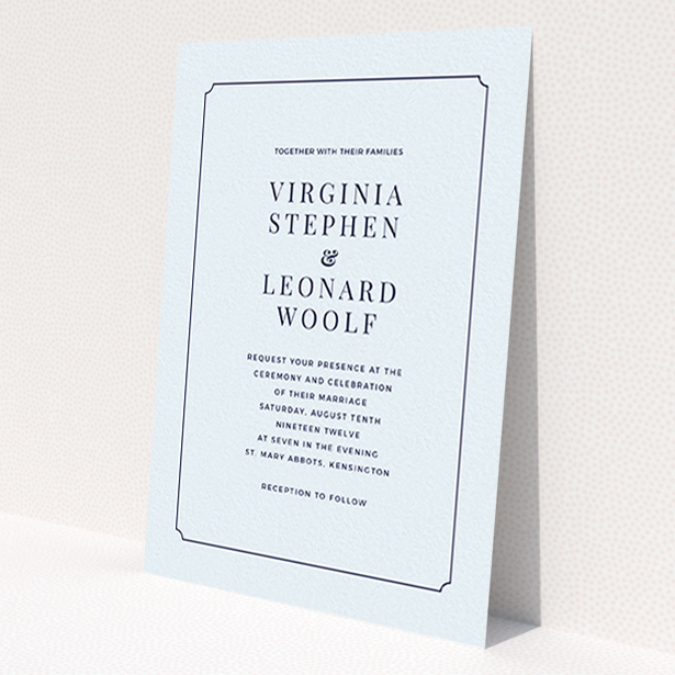 A personalised wedding invitation called 'Classic face'. It is an A6 invite in a portrait orientation. 'Classic face' is available as a flat invite, with mainly light blue colouring.