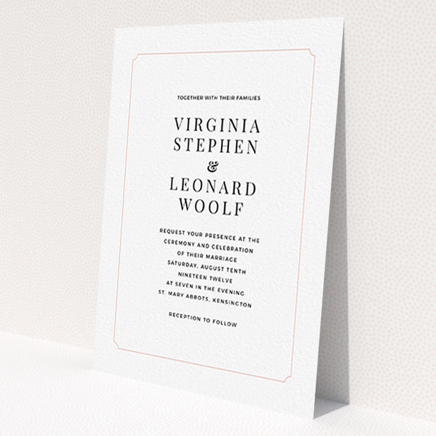 A personalised wedding invitation design named 'Classic face'. It is an A6 invite in a portrait orientation. 'Classic face' is available as a flat invite, with tones of white and pink.