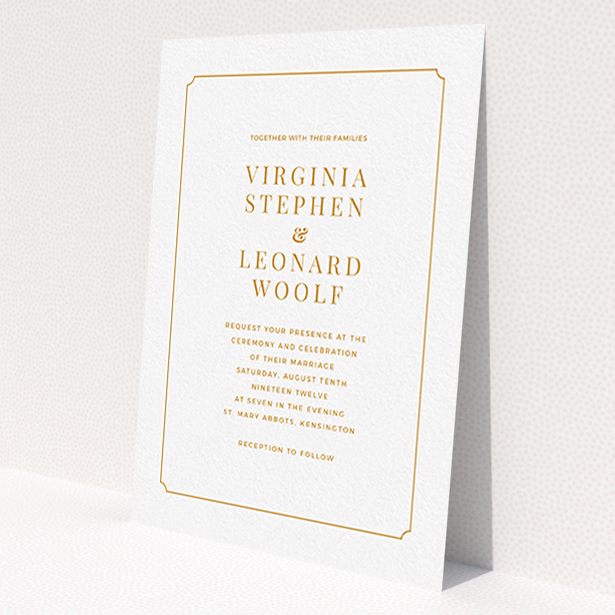 A personalised wedding invitation called 'Classic face'. It is an A6 invite in a portrait orientation. 'Classic face' is available as a flat invite, with tones of white and orange.