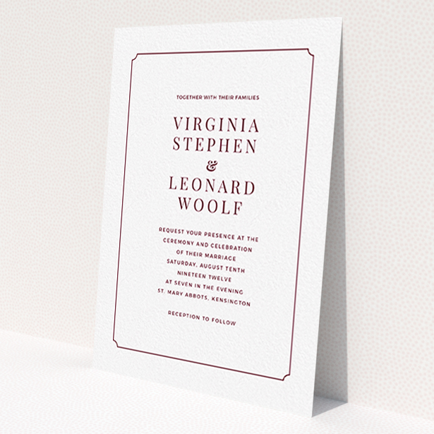 A personalised wedding invitation design titled 'Classic face'. It is an A6 invite in a portrait orientation. 'Classic face' is available as a flat invite, with tones of white and burgundy.