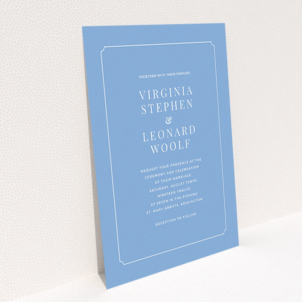 A personalised wedding invitation design named "Classic face". It is an A6 invite in a portrait orientation. "Classic face" is available as a flat invite, with tones of blue and white.