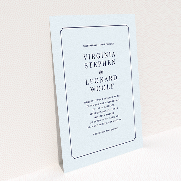 A personalised wedding invitation called "Classic face". It is an A6 invite in a portrait orientation. "Classic face" is available as a flat invite, with mainly light blue colouring.